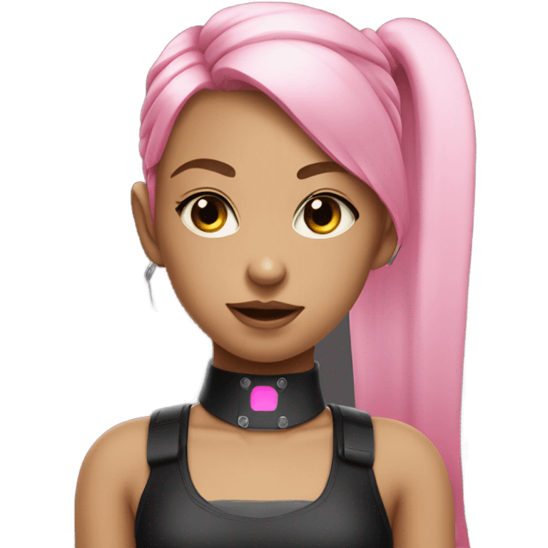 cyborg girl, pink twintails, cyberpunk, black collar, black crop top emoji