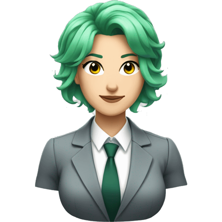 A muscular white woman with green hair and an anime face wearing a business suit emoji