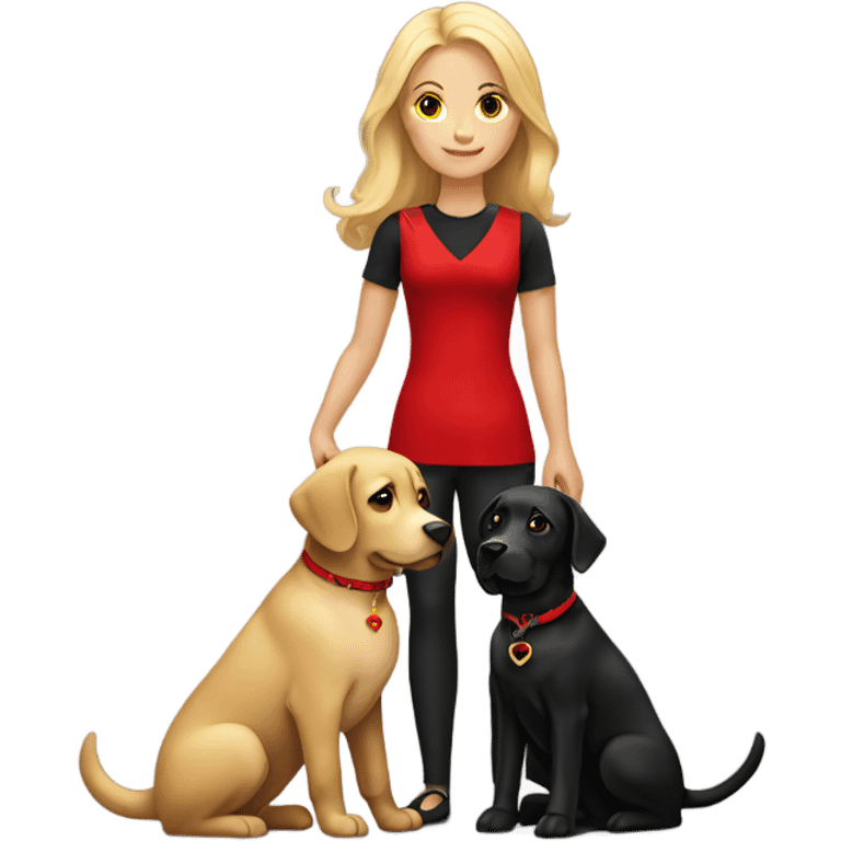 Blonde lady with long hair holding a black Labrador with a red collar  emoji