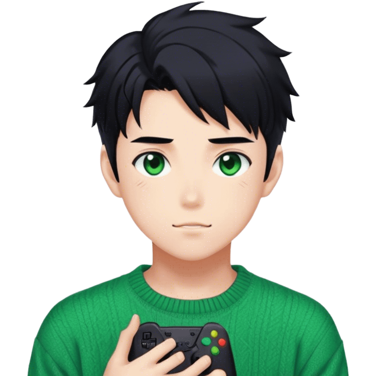 Gorgeous green sweater black hair anime style shojo guy with blushing face and gamer, aesthetic, trending style outside  emoji