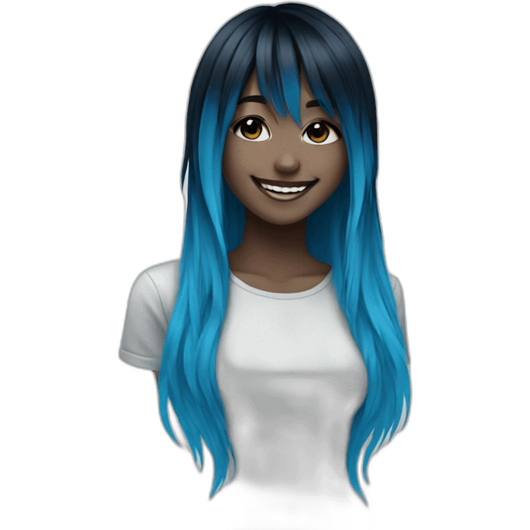 Happy emo girl, black makeup, long choppy blue hair side bangs emoji