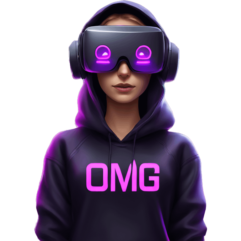 Russian girl wearing black hoody with violet letters "OMG", in vr headset. Cyberpunk style. Violet neon. emoji