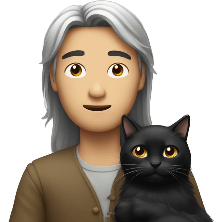 Long haired Asian man holding black cat emoji