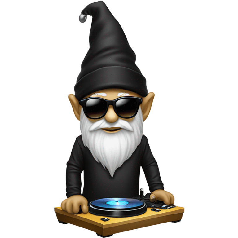 Focused Dj gnome wih sunglasses ad turntables wearing black emoji