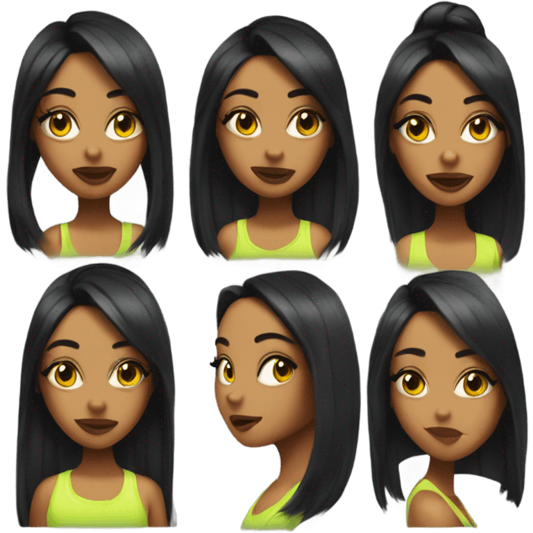 Tanned woman with long black hair, dressed in y2k hip hop hair, makeup, and neon attire emoji