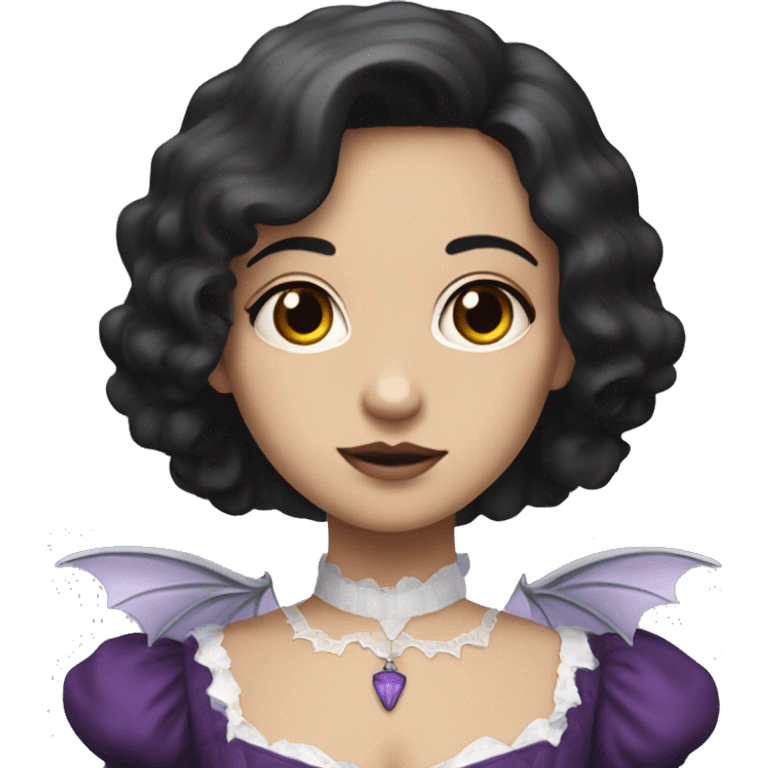 short black haired white girl with a purple short victorian dress that has bat wings emoji