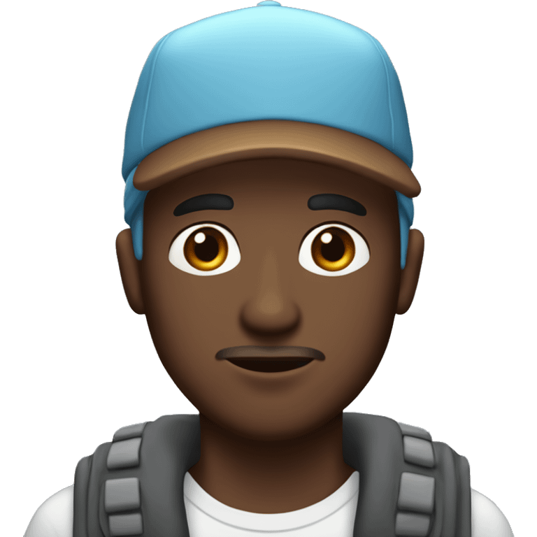 a dark brown skinned and dark brown eyes man with a cap on his head. he has thick lips. the cap is light blue with white capital text on it. the text is wolf emoji