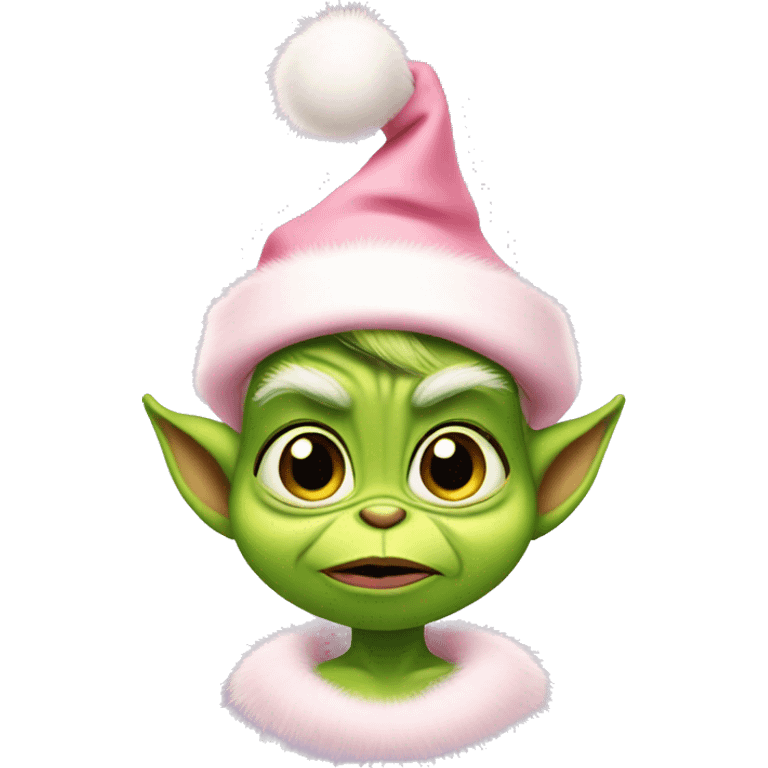 baby grinch wearing a light pink Santa hat emoji