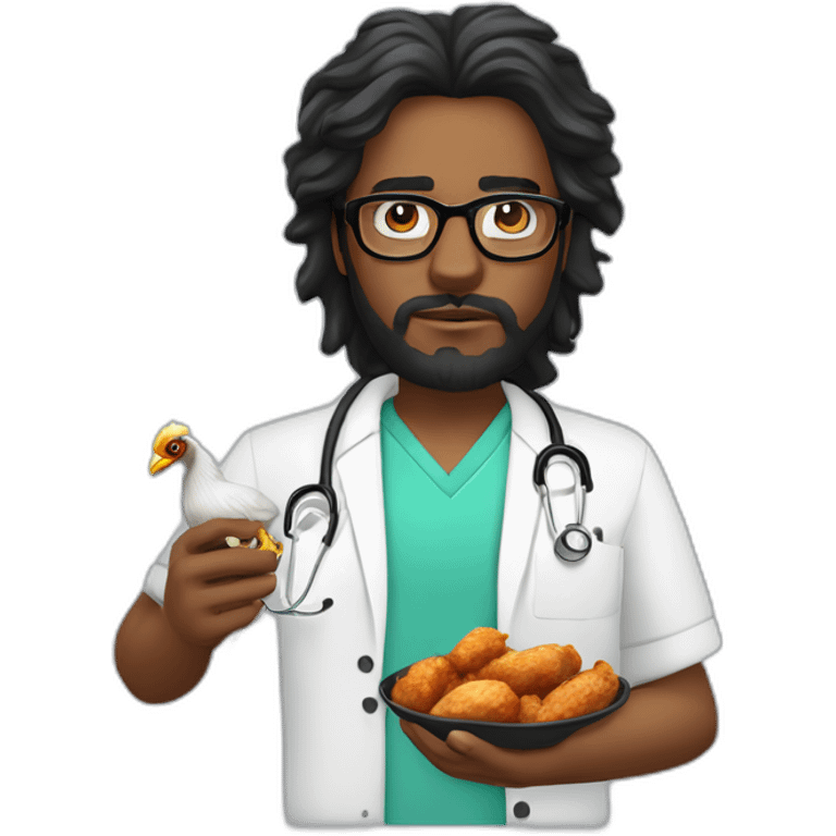 disgruntled Mauritian doctor with dark skin with long black tousled hair with a circular beard and black glasses. he is holding a chicken wing in his hand emoji