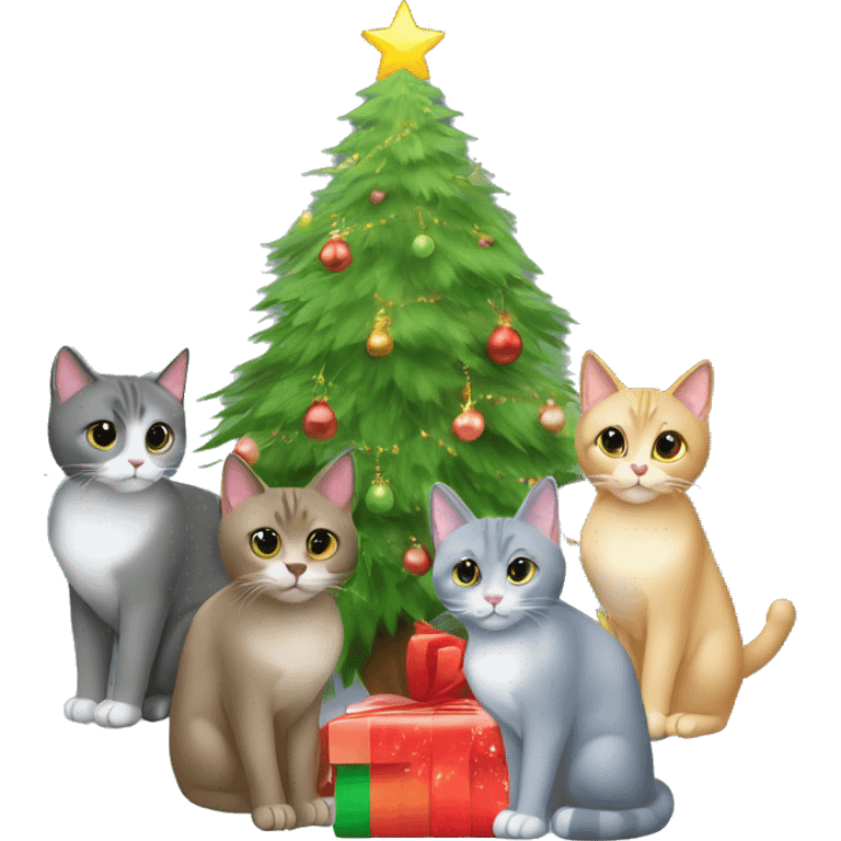 Four gray cats sitting under a Christmas tree  emoji