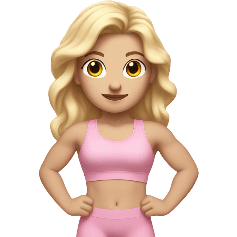 White woman, pale skin, long hair, blonde hair, wavy hair, baby pink sports bra, baby pink leggings, flexing right arm emoji