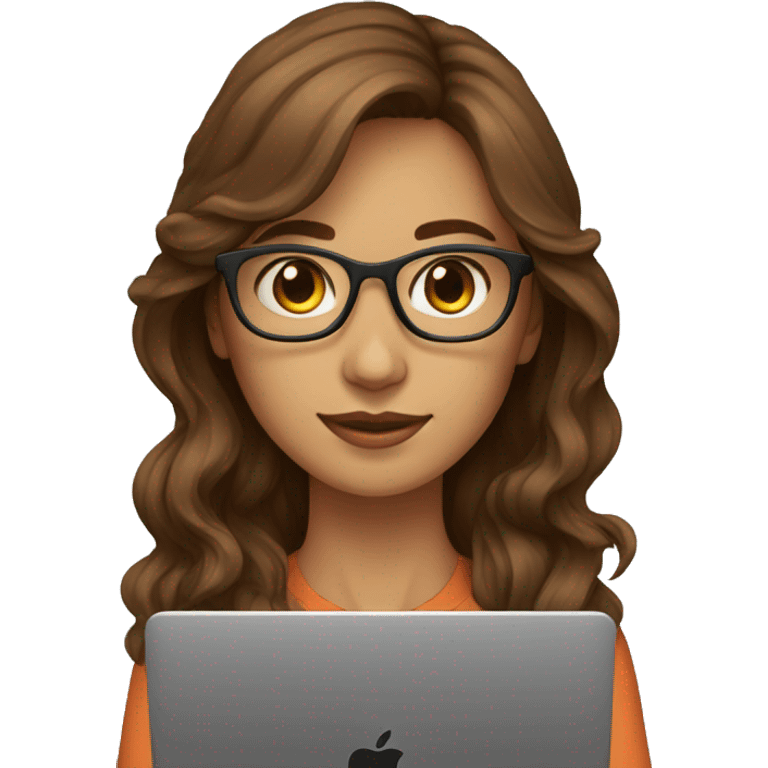 female coder with apple laptop in front of her, long wavy brown hair, brown eyes, cat eye glasses emoji