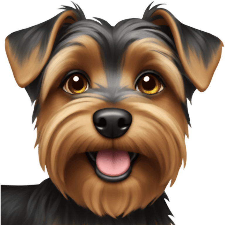 A mainly black with brown eyebrows and bottom snout dog Yorkshire-terrier/yorky mix emoji