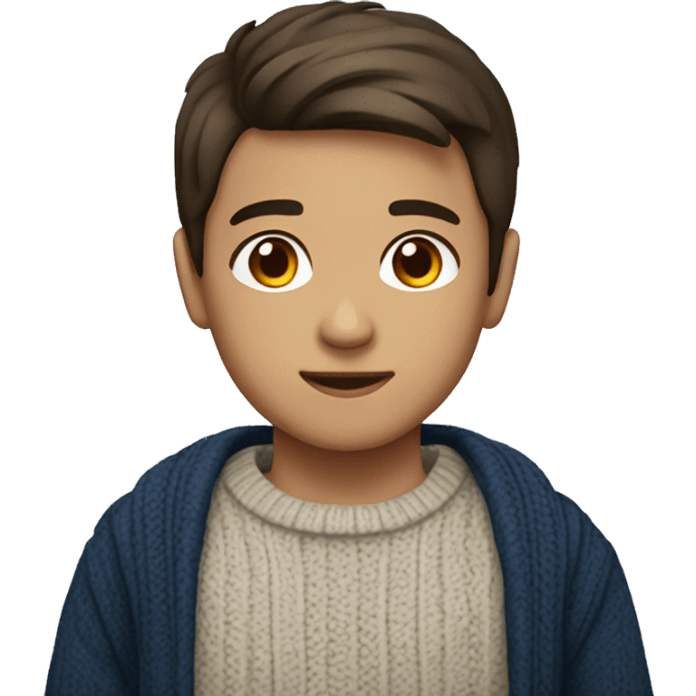 young boy, hispanic, brown hair, short hair, brown eyes, dark blue winter sweater emoji