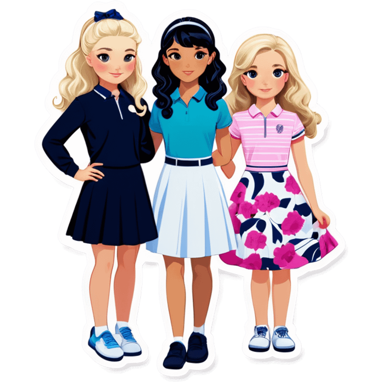  one  girl with shortish straight black hair and white skin with golf clothes on, one American girl with long curly dirty blond hair and a floral dress on. All three are teens. They are all friends emoji