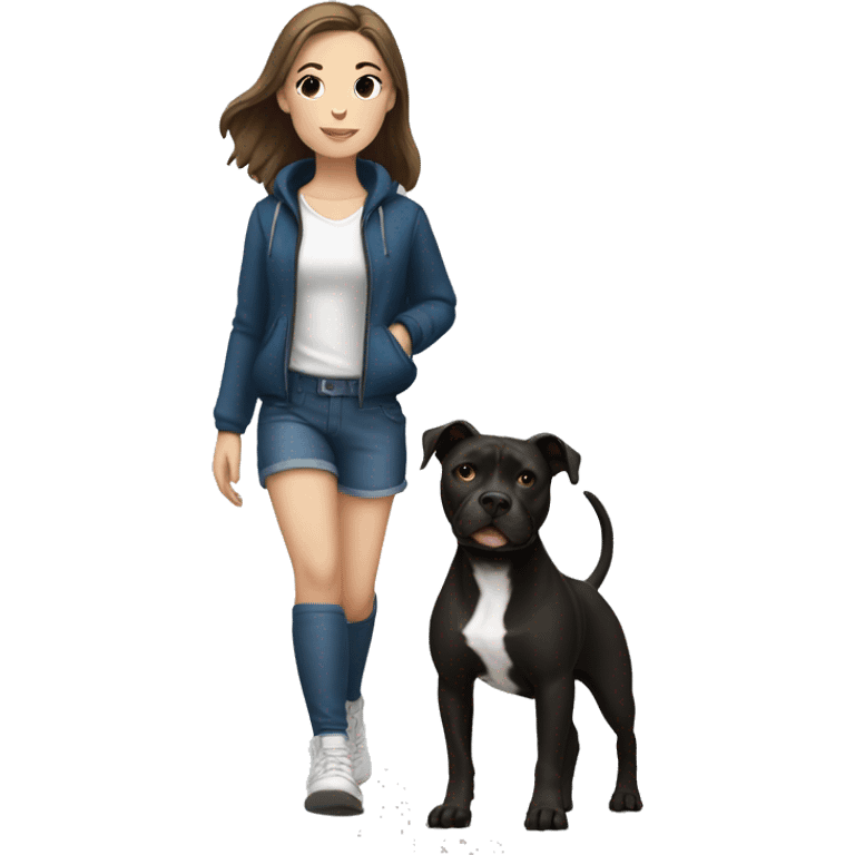 White brunette Girl walking a black pit bull emoji