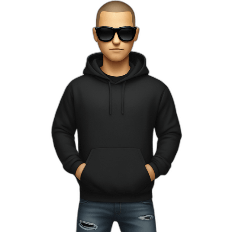 DJ Snake face serious attitude with black sunglasses front view wearing a BLACK hoodie emoji