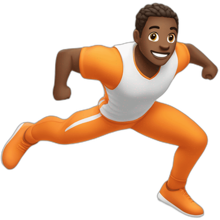 male parcour athlete in orange white cloths, captured mid-air emoji