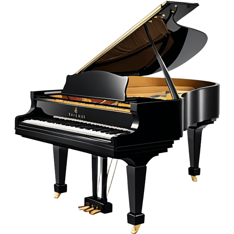 Create an elegant and detailed emoji representing the Seiler 278 Konzert grand piano. The design should feature the grand piano's polished black body with shiny, reflective surfaces, capturing its high-quality craftsmanship. The black and white keys should be clearly visible, with the curved shape of the grand piano’s body and lid, which can be slightly open. Add visible details like the pedal system, the intricate wood finish on the frame, and the elegant legs of the piano. The musical notes should float around the piano, evoking the sound of a professional concert instrument. Use deep black, white, and gold tones to highlight its luxurious appearance. The background should be transparent. emoji