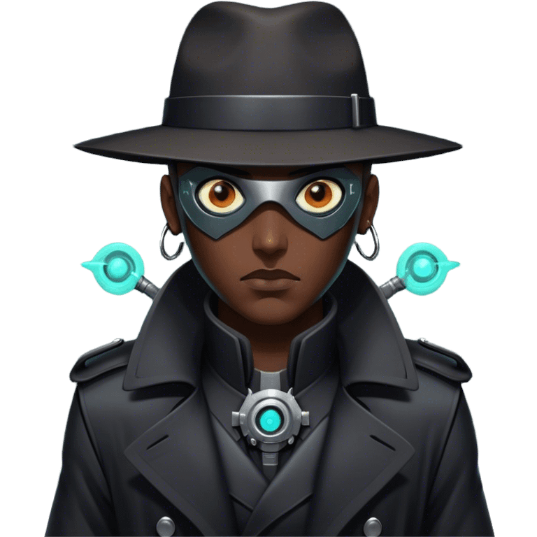 A dystopian bounty hunter, black trench coat, cybernetic eye glowing emoji