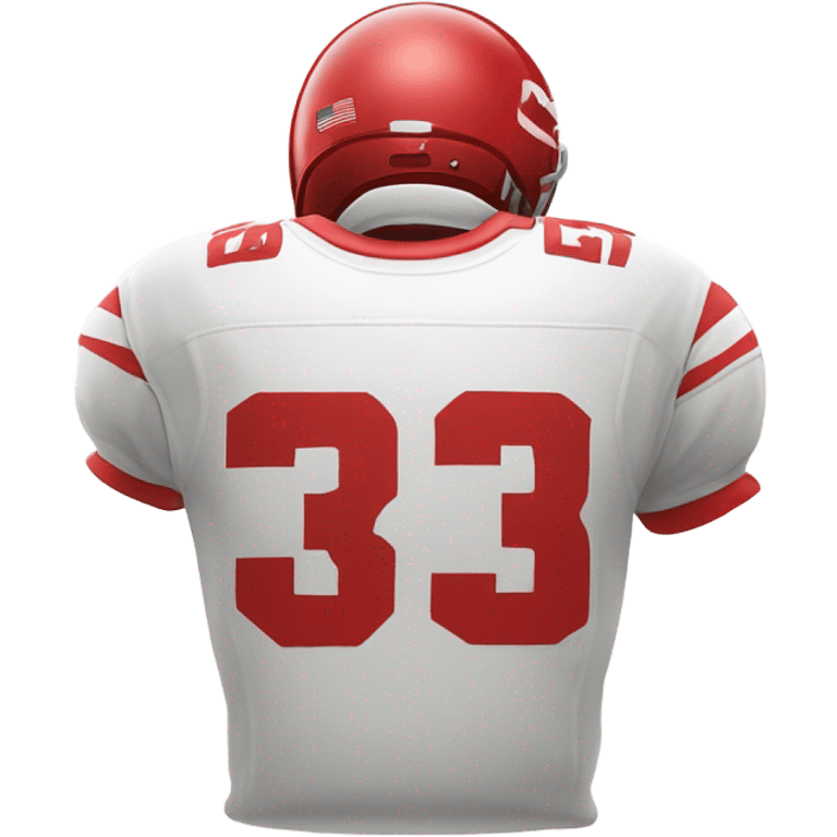 Red and white football jersey with the words “Three Peat World Champs emoji