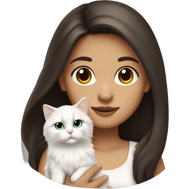 Dark brown straight hair girl with holding fluffy Siberian white cat  emoji