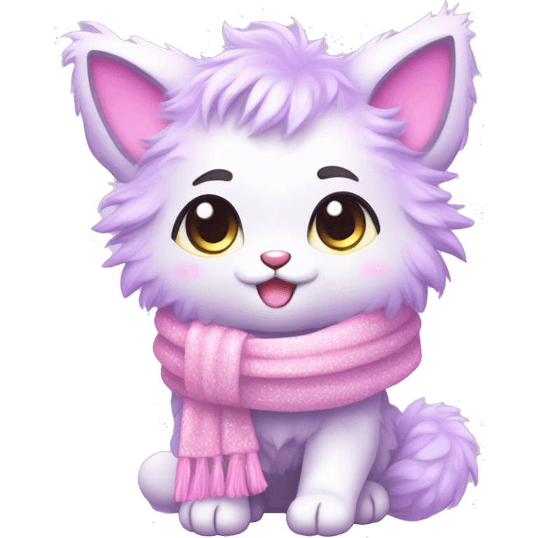 Edgy Kawaii cute gorgeous colorful sparkly bright light pastel lilac-pink-white-gradient fantasy ethereal fluffy fursona animal creature with a cute scarf full body emoji