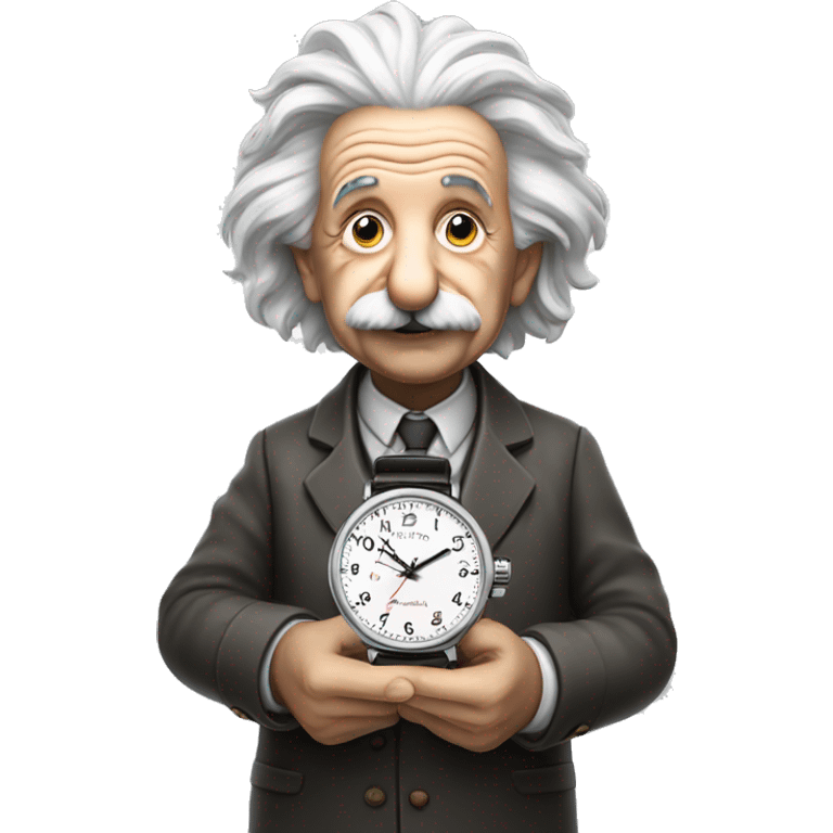 Albert Einstein holds a watch in his hands emoji