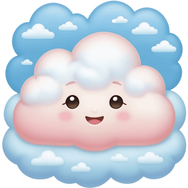 Cinematic tiny snuggly cloud, soft fluffy texture, gentle glowing edges, cute blushing cheeks, floating peacefully in a pastel sky, warm and dreamy. emoji