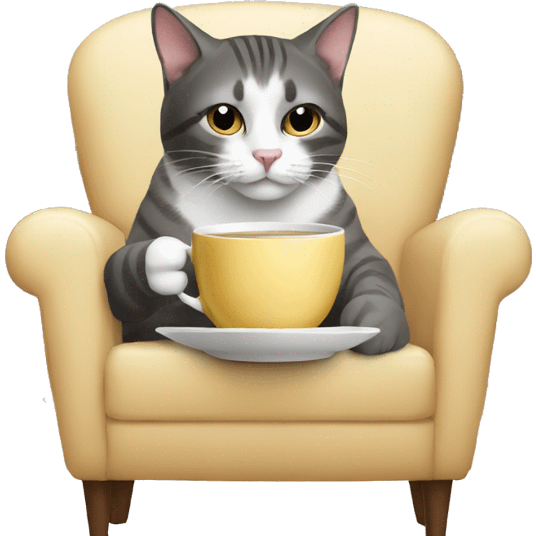 cat drinking tea looking at camera sitting in a chair emoji