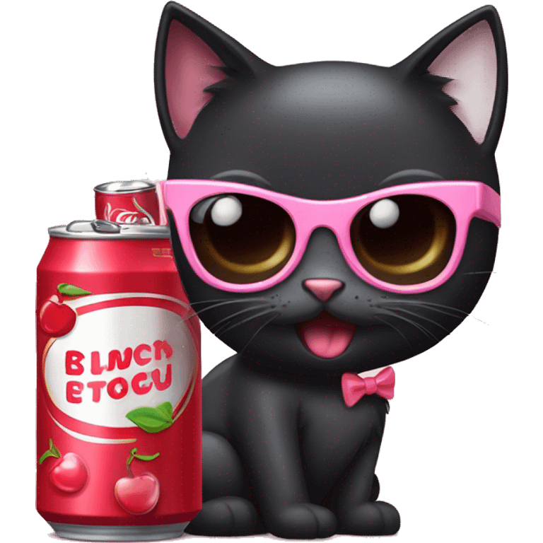 A black cat wearing a little light pink bow, red framed oval sunglasses, and drinking a cherry cola in a can emoji