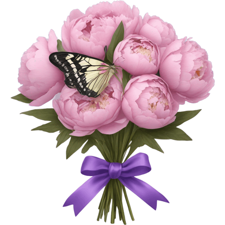 A purple silk ribbon tied around a bouquet of dried pink peonies , with a delicate pastel violet butterfly perched gently on the bow. emoji