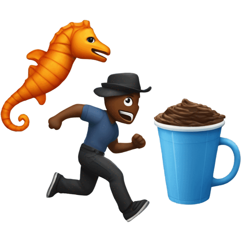 Robbers chasing a blue milkshake and a orange seahorsw emoji