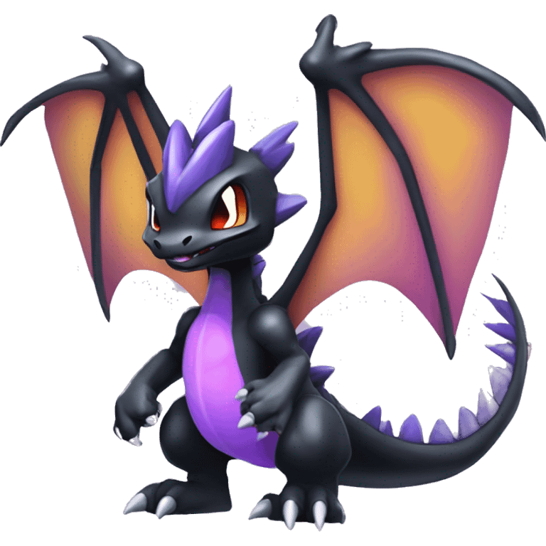 Black shiny chibi Mega-Charizard-X-Raptor-Fakémon with purple accents full body emoji