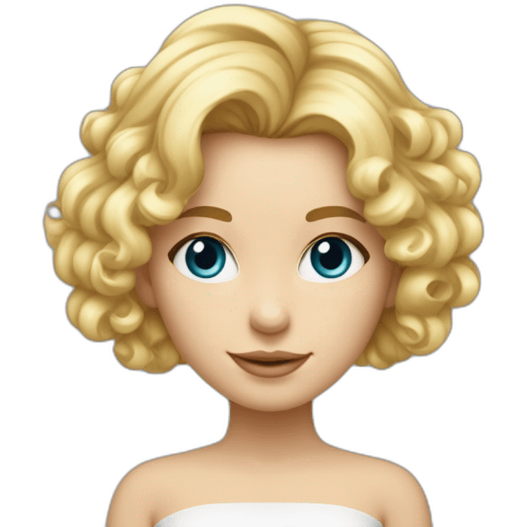 Fille blonde ,cheveux bouclé détaché vers l'arrière ,long jusque au millieu du dos et volumineux,teint blanc , yeux bleu visage un peu carré emoji