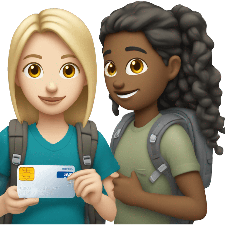 White skin tone student holding visa bank card, but its student card, one hand holding card other one holding backpack emoji