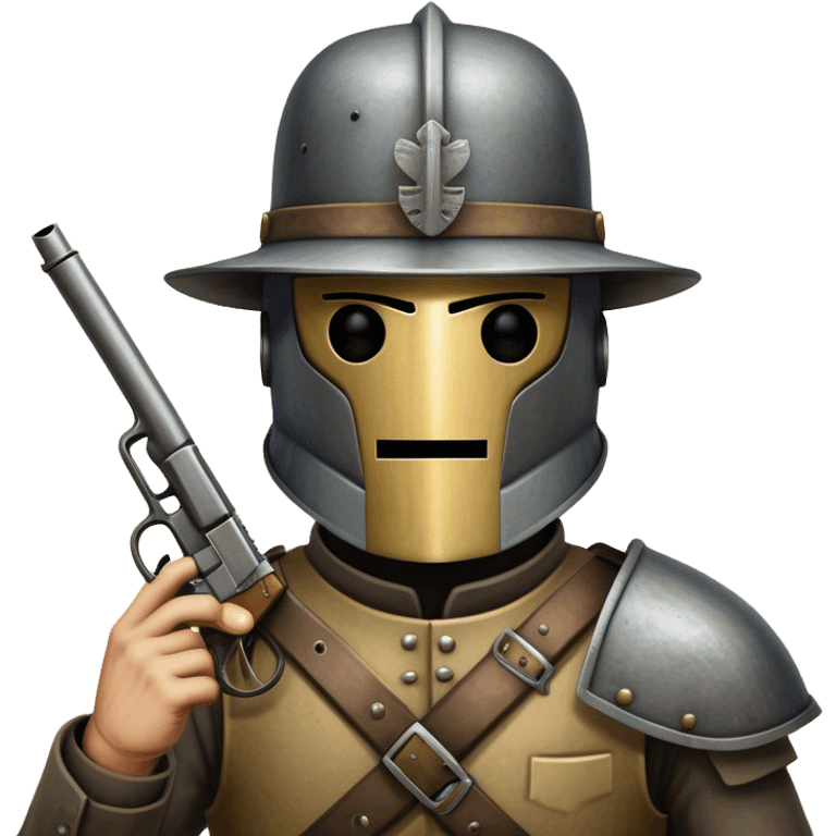 Cinematic Realistic Ned Kelly Portrait Emoji, depicted as the legendary Australian bushranger in his iconic homemade iron helmet and armor, gripping a revolver with a defiant stance. The scene is rendered with gritty textures and dramatic, shadowed lighting, evoking the lawless frontier and his rebellious, fearless legacy. emoji