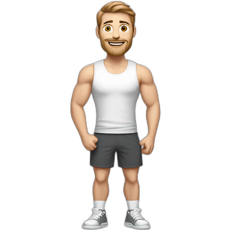 Full height realistic Actively gesturing with hands Pale skinned Fit Man With the biceps and brown hair in dark gray Sleeveless Mike, black oversize sports shorts, watch and white Sneakers emoji