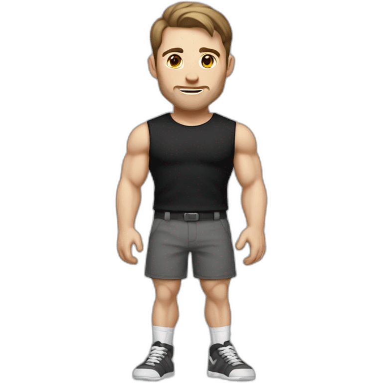 Pale skinned Fit Man With the biceps and dark brown hair in black shirt, gray shorts and white Sneakers emoji