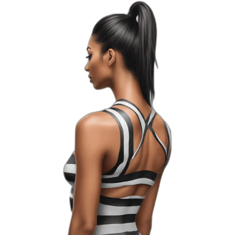 Hyper-realistic tall sultry fitness model in striped body paint from behind emoji