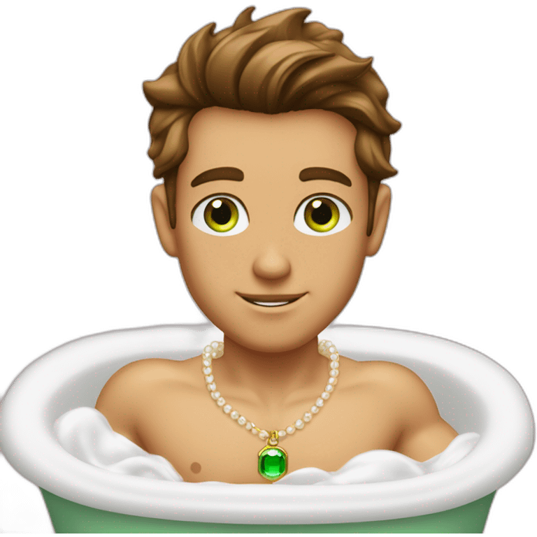 Posh-muscle-boy-brown-hair-green-eyes-pearl-necklace-in-golden-bathtub emoji