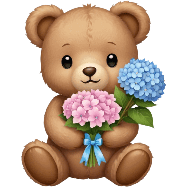 light brown teddy bear super cute holding a light pink and light blue bouquet of hydrangeas emoji