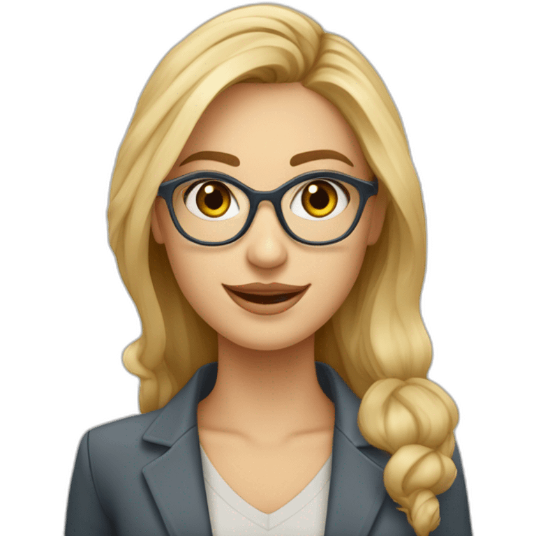 Una chica rubia de 25 años con pelo largo ondulado rubia con ojos azules tiene unas gafas hexagonales doradas y es it recruiter emoji