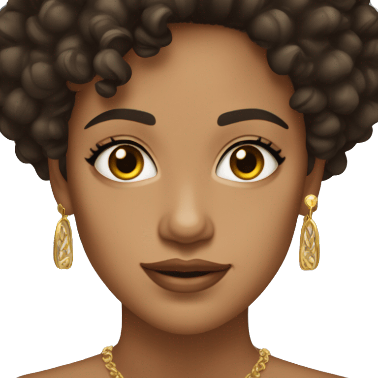 woman with short curly dark hair, skin tan, brown eyes, gold different earings, three earings in the right ear emoji