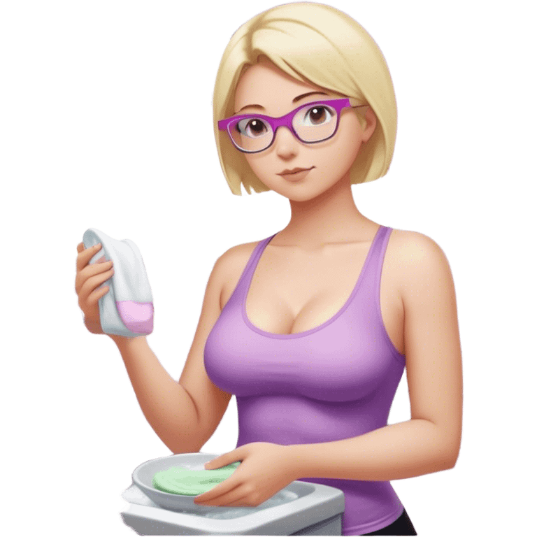 Thick fair skinned woman, short blond hair, small light purple reading glasses, washing dishes, sheer pink tank top, showing natural breast shape SFW, black yoga pants, thick booty emoji