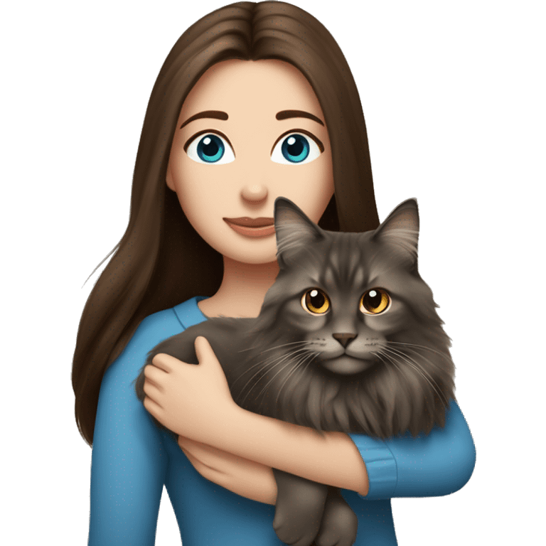 long straight haired blue eyed brunette woman holding norwegian forest cat with amber eyes emoji