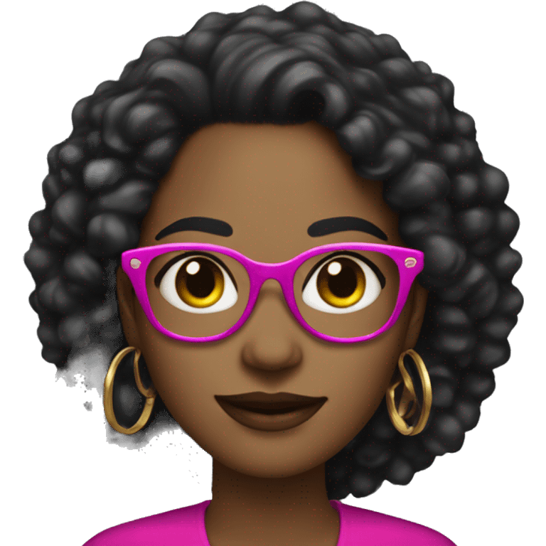 black women with earrings with fuchsia glasses with long black curly hair happy emoji