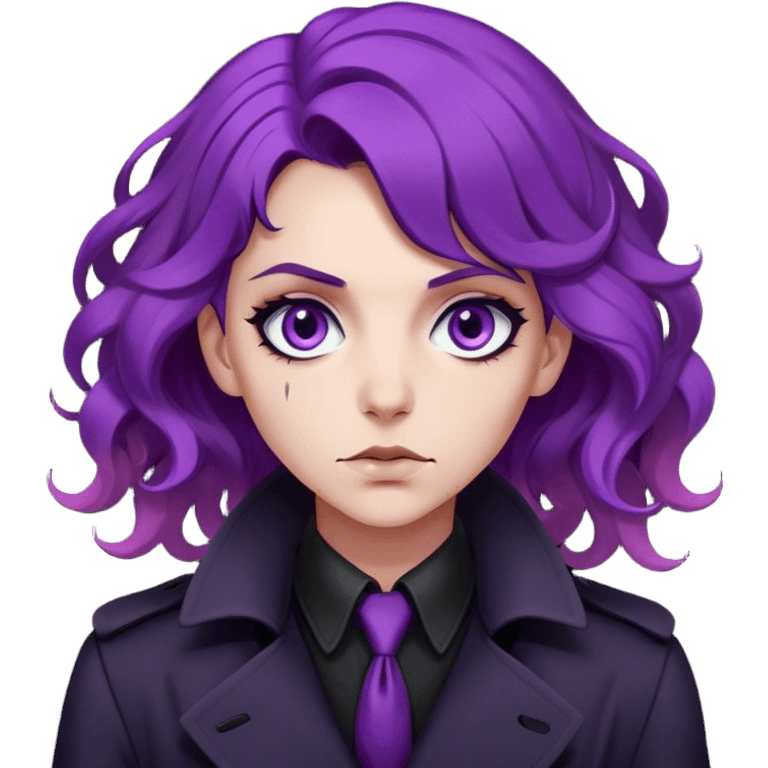 A noir-style detective with wavy purple hair, black trench coat, and piercing violet eyes emoji