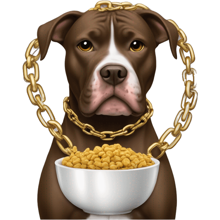 A dog pitbull with a big gold chain on that says “G-UNIT” and a bowl of dog food  emoji