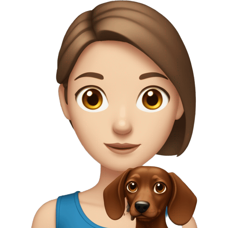 White girl with straight brown hair and blue eyes holding a red dachshund  emoji